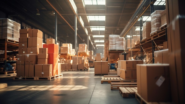 Retail warehouse full of shelves with goods in cartons with pallets and forklifts Product distribution center Generative ai