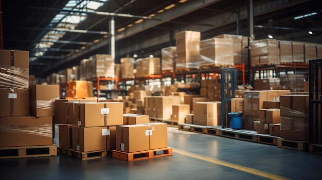 Retail warehouse full of shelves with goods in cartons with pallets and forklifts Product distribution center Generative ai