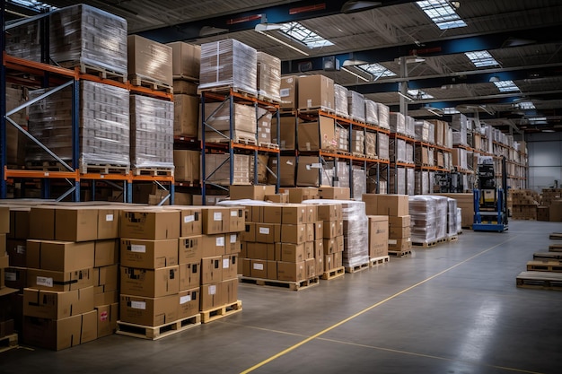 The retail warehouse is filled with shelves with goods in cardboard boxes