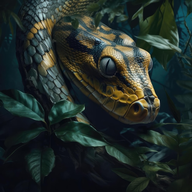 葉の背景に緑の葉に包まれた網目状のニシキヘビの頭生成 AI