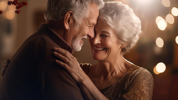 Retired couple hugging with a smile indoors