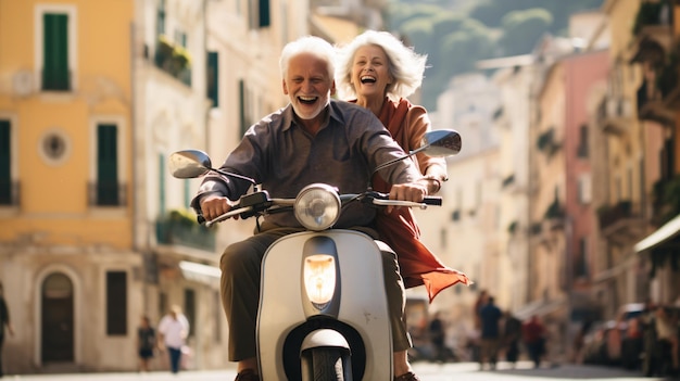 Retired couple on scooter in italy