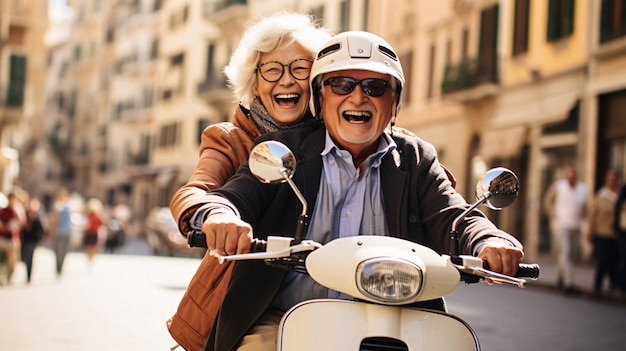 Retired couple on scooter in italy