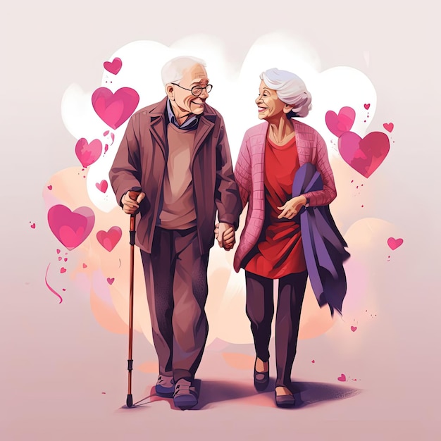 the retired couple with two walking canes accompanied by hearts