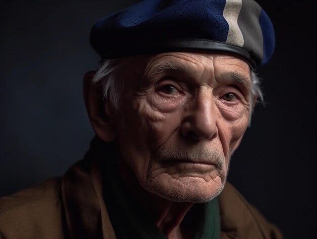 A retired Frenchman in a beret on a black background