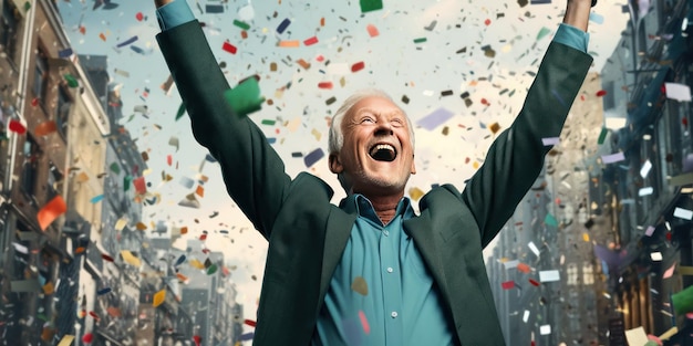 Foto l'uomo in pensione celebra con confetti generativi ai