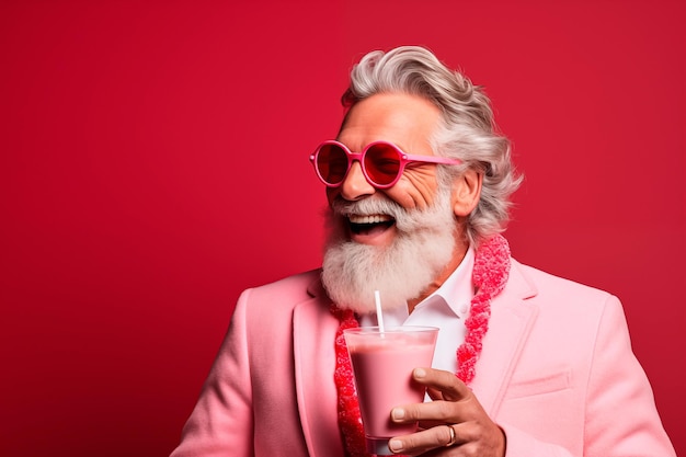 retired man dressed pink suit drinking cocktail