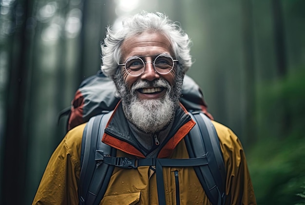 retired man smiling outdoors walking through forest with white backpack in the style of somber mood