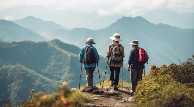 Retired people travel with a group of friends created with the help of Generative AI technology