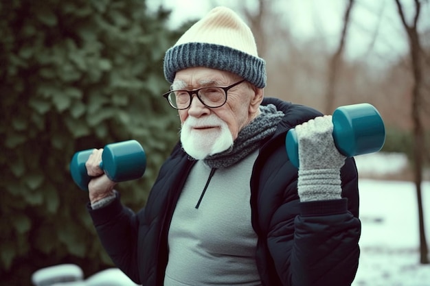 Photo retired senior man lifting weights and exercising outdoors ai generated