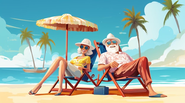 Retired traveling couple resting together on sun