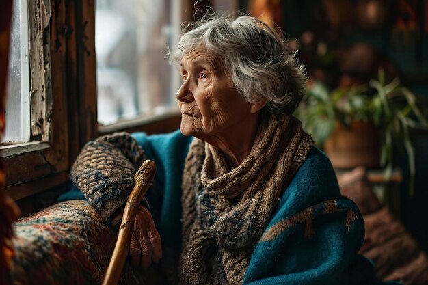 Foto donna in pensione infelice a casa solitaria donna anziana seria con un bastone di legno