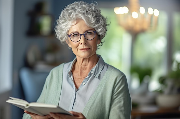 Retired woman reading a book at home Generative AI