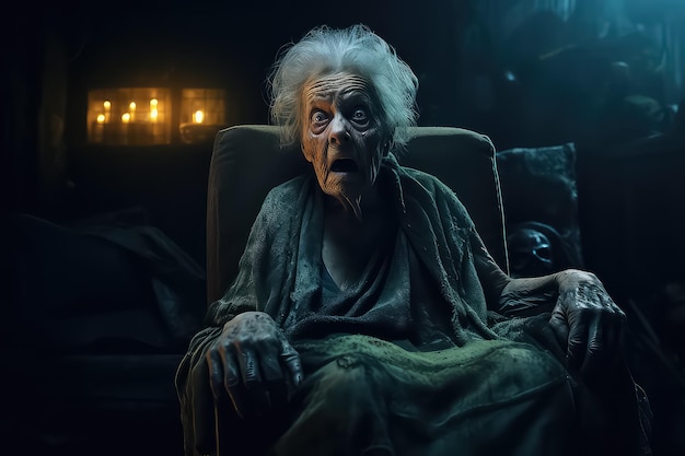 Retired woman Watching a horror movie at night She is very scared of this