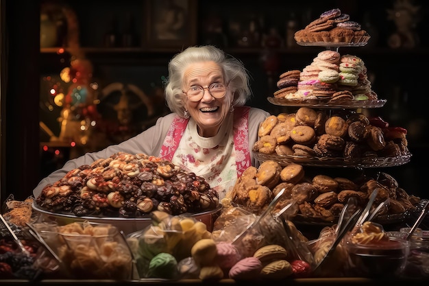 A retired woman with a large pile of sweets in her hands rejoicing in the holiday