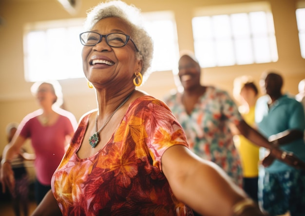 A retiree participating in a lively dance class surrounded by fellow dancers and energetic music