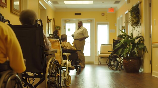 Foto i residenti della casa di riposo in sedia a rotelle si riuniscono nella sala giorno per socializzare e godersi le attività
