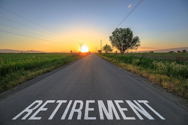 Retirement text on asphalt road