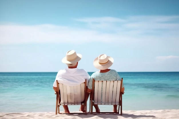 Photo retirement travel holiday concept of healthy lifestyle relaxing senior couple on beach