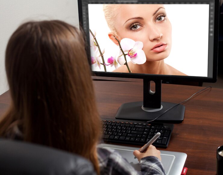 Photo retoucher is working on computer and retouching portrait of a woman