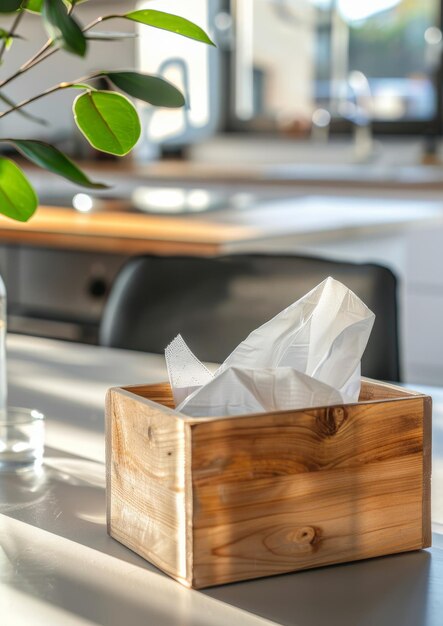 Photo retractable tissues in a wooden box on the kitchen table