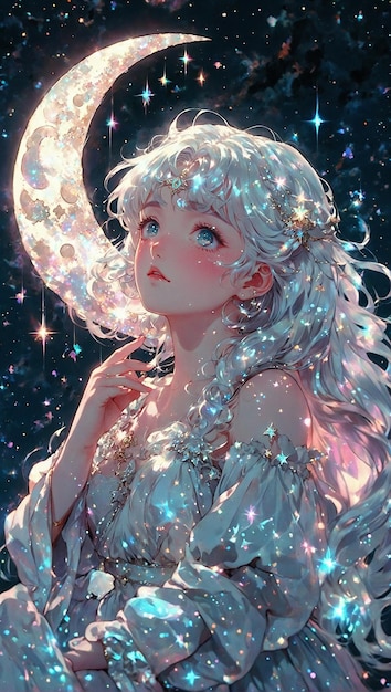 Retrato Anime Doncella Celestial con Cabello Plateado Luminiscente Posada en una Luna Crecient