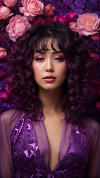Photo retrato coreano en alta definicion con iluminacion suave y maquillaje en tonos rosa y morado variante