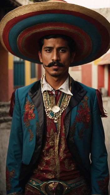 Retrato de hombre mexicano vestido con traje de charro sombrero y bigote