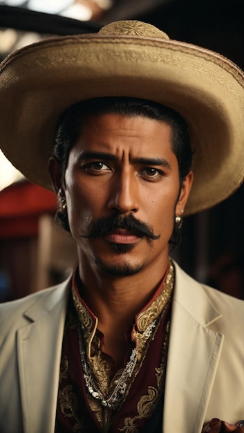 사진 retrato de hombre mexicano vistiendo elegante traje de charro con bigote