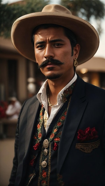 사진 retrato de hombre mexicano vistiendo elegante traje de charro con bigote
