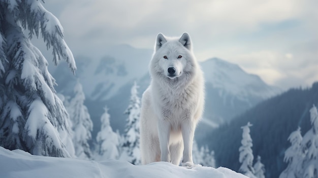 Retrato de majestuoso lobo blanco en paisaje invernal fotorealista en 4K