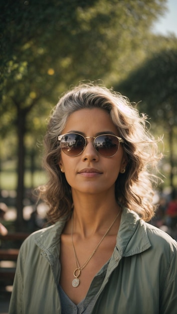 Retrato de una mujer de mediana edad disfrutando de un dia soleado en el parque con gafas de sol (中年女性の肖像画) 太陽を眺めている公園の写真