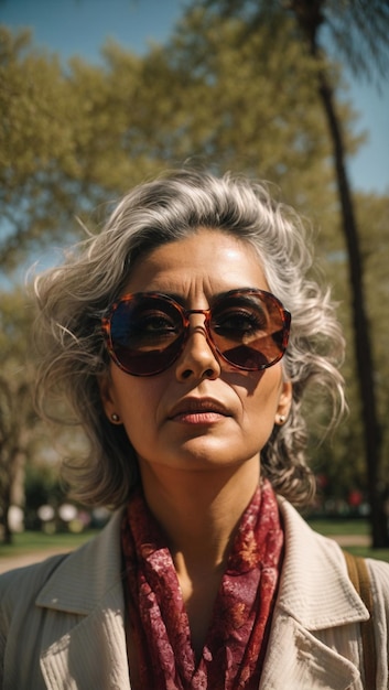 Retrato de una mujer de mediana edad disfrutando de un dia soleado en el parque con gafas de sol (Описание женщины среднего возраста, наслаждающейся солнечным днем в парке с солнечными очками)