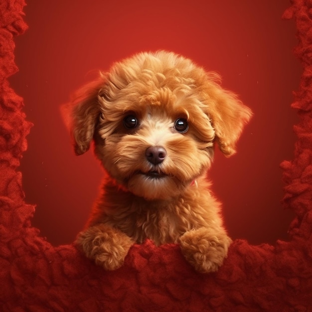 Retrato realista de perro peludo sobre fondo rojo 귀여운 개 caniche 마스코트 애완 동물 동물