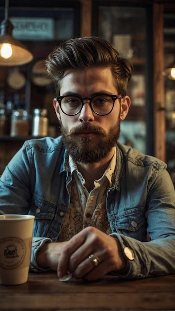 Photo retrato urbano estilo hipster joven con barba en cafeteria vintage