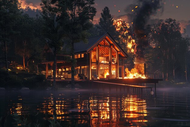 Photo retreat to the comfort of a lakeside cabin its lin generative ai