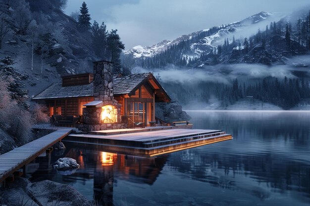 Photo retreat to the comfort of a lakeside cabin its lin generative ai