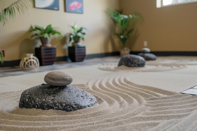 Очаровательная атмосфера с дзенскими камнями и песком, призывающими к спокойствию.