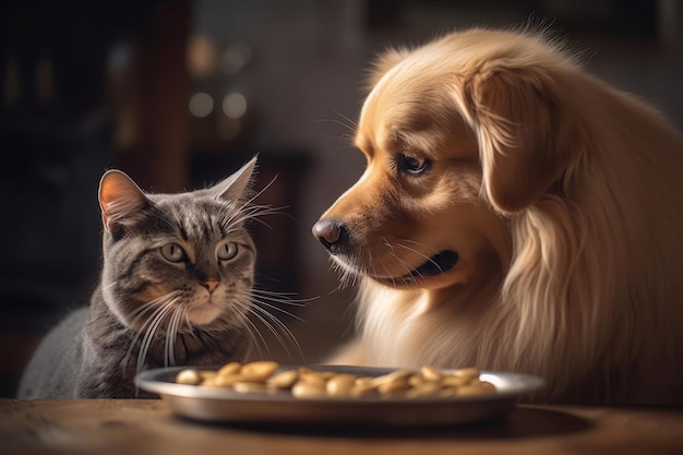 Retriever hond en kat die samen eten Huishoudelijke hongerige pluizige huisdieren met voederborden Genereren ai