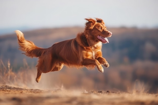 Retriever hond racen snelle beweging in de wilde natuur Springen puppy hond en snelle running sprint Genereren ai