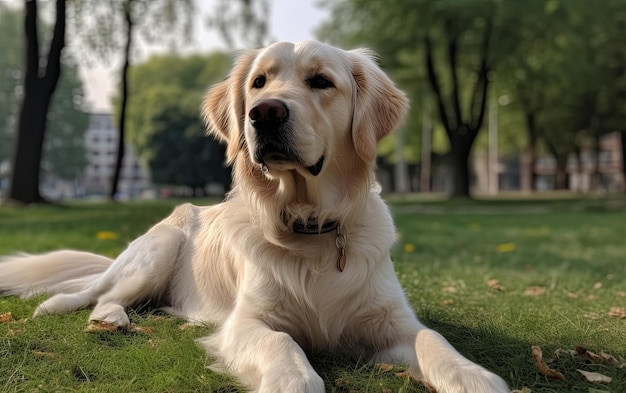 Photo retriever is sitting on the grass in the park professional advertising post photo ai generated