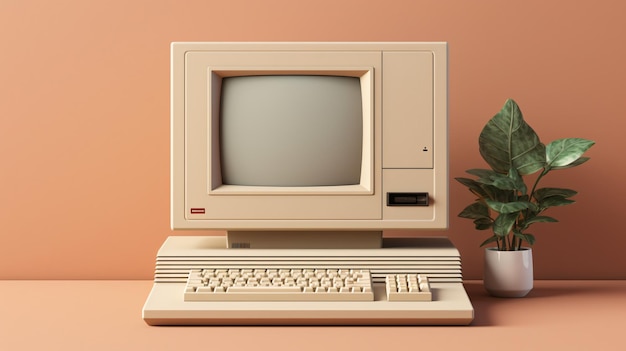 Retro 1990s style beige desktop pc computer and monitor