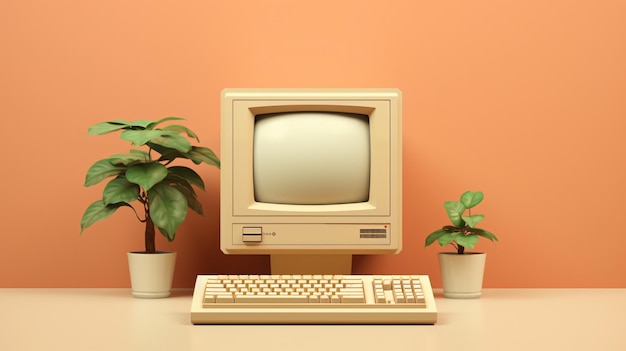 Retro 1990s style beige desktop pc computer and monitor