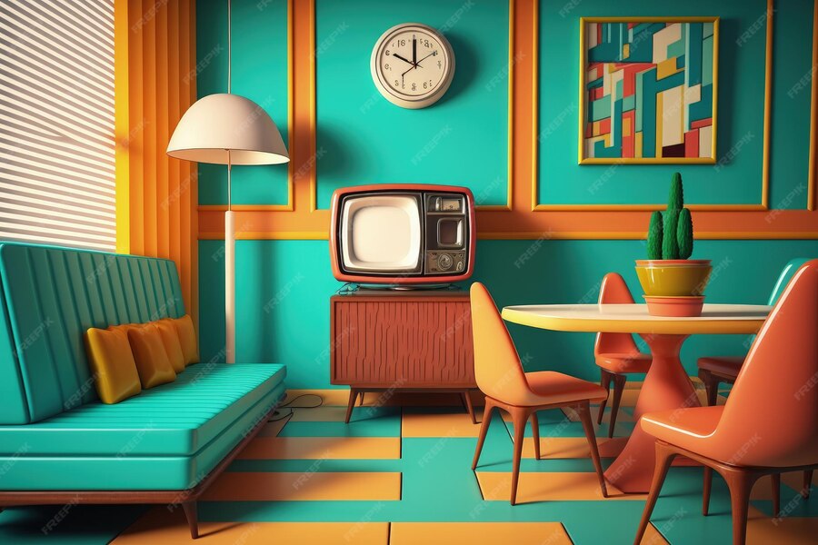 Premium AI Image Retro 70s TV Room Interior With Pop Art Colors Old premium-ai-image-retro-70s-tv-room-interior-with-pop-art-colors-old