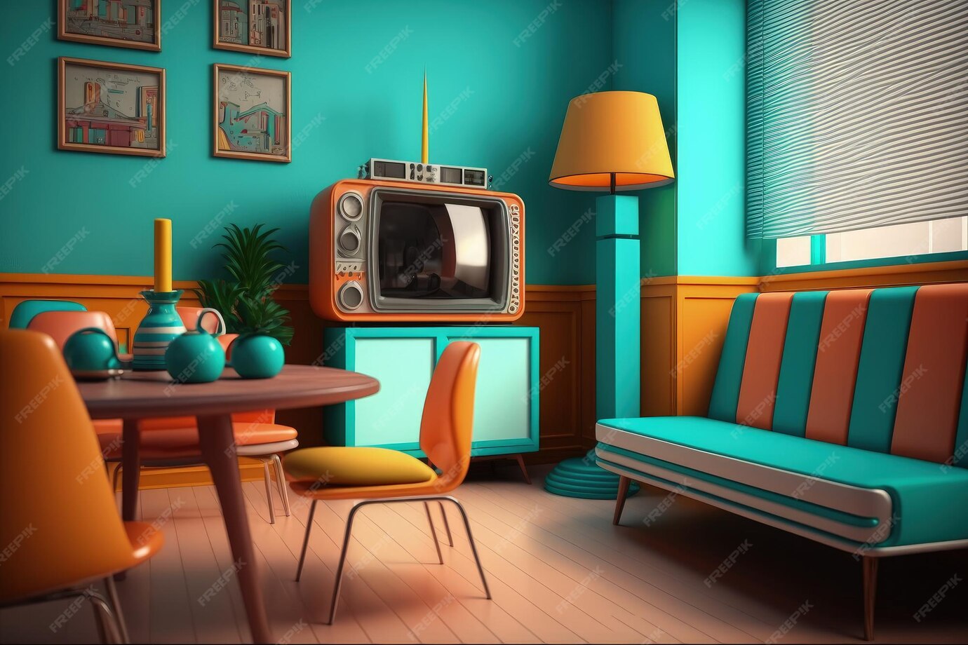 Premium AI Image Retro 70s TV Room Interior With Pop Art Colors Old premium-ai-image-retro-70s-tv-room-interior-with-pop-art-colors-old