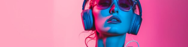 Retro 80s 90s Synthwave style pink and blue woman wearing headphones music concept ultra wide