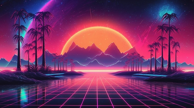 A retro 80s background with mountains and a neon landscape