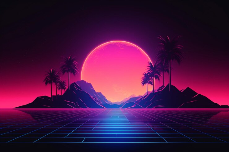 Photo a retro 80s background with palm trees and a neon background.