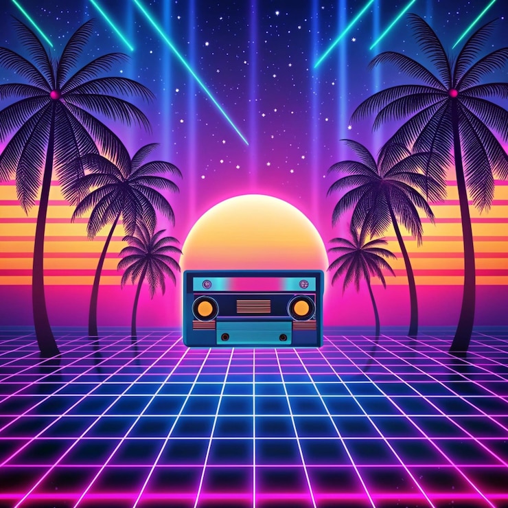 Photo retro 80s neon background grid patterns palm trees geometric shapes cassette tapes
