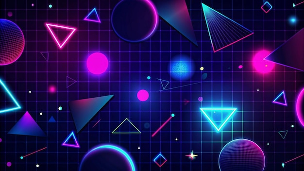 Retro 80s neon geometric shapes and grid pattern